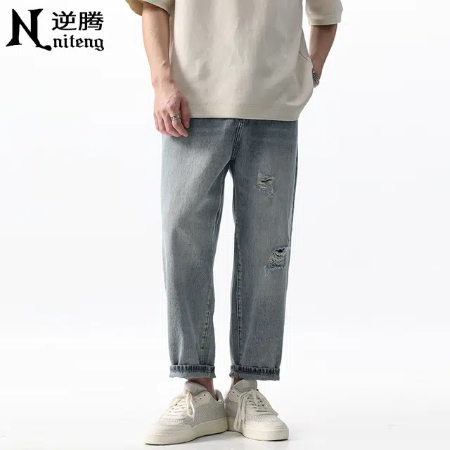 逆腾 潮牌破洞直筒牛仔裤 男款 蓝色