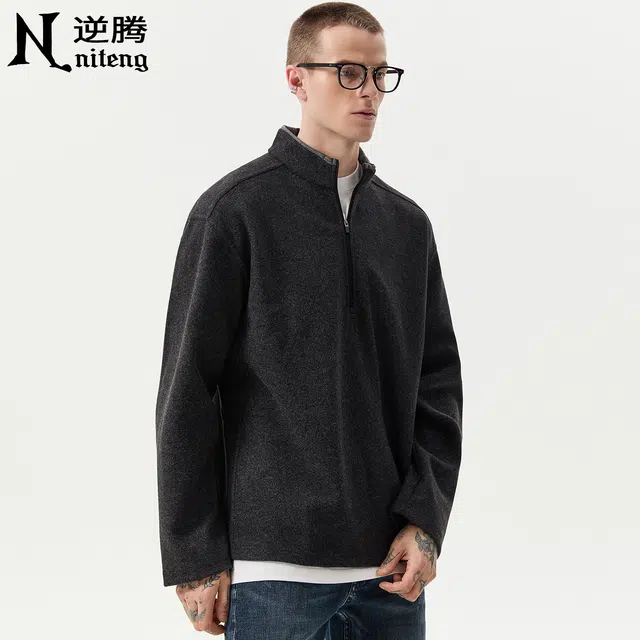 逆腾 秋季立领绒面长袖上衣男潮牌宽松半拉链款男士慵懒休闲卫衣 男款