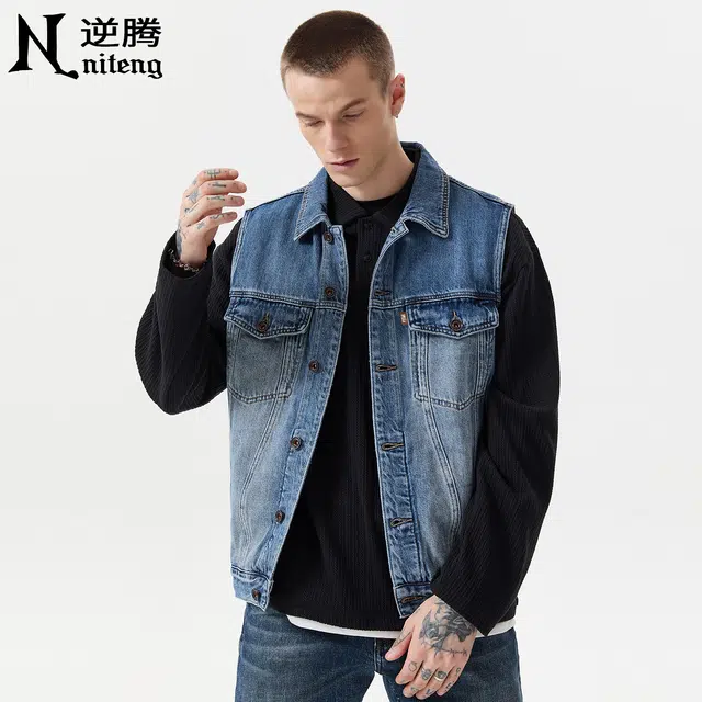 逆腾 秋季复古牛坎肩背心男美式宽松无袖工装外套男士百搭牛仔马甲 男女同款