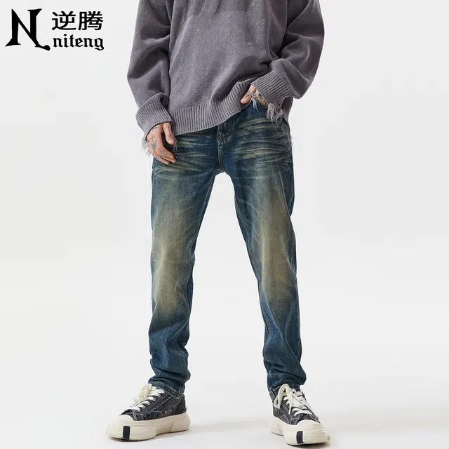 逆腾 秋季复古小脚裤子男美式做旧重工水洗修身小直筒牛仔裤 男款