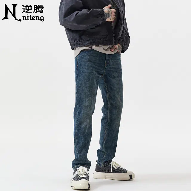逆腾 秋季莱赛尔蓝色裤子男弹力小直筒男士复古百搭修身小脚牛仔裤 男女同款