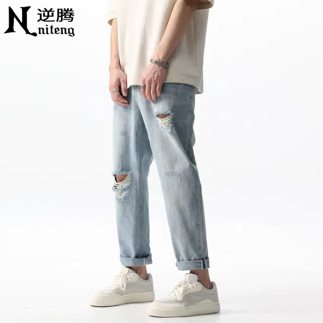 逆腾 潮牌破洞直筒纯色牛仔裤 男款 浅蓝色