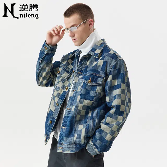 逆腾 秋季复古棋盘格工装夹克男潮牌宽松休闲男士纯棉痞帅牛仔外套 男女同款