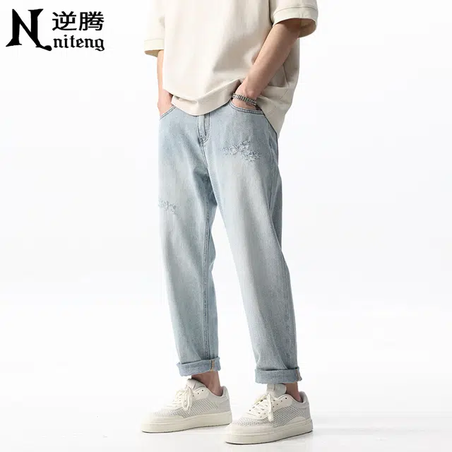 逆腾 潮牌破洞复古宽松直筒九分微锥裤牛仔裤 男女同款 蓝色