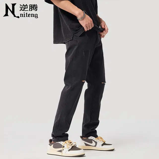 逆腾 美式一字破洞修身潮牌高街水洗直筒牛仔裤 男款