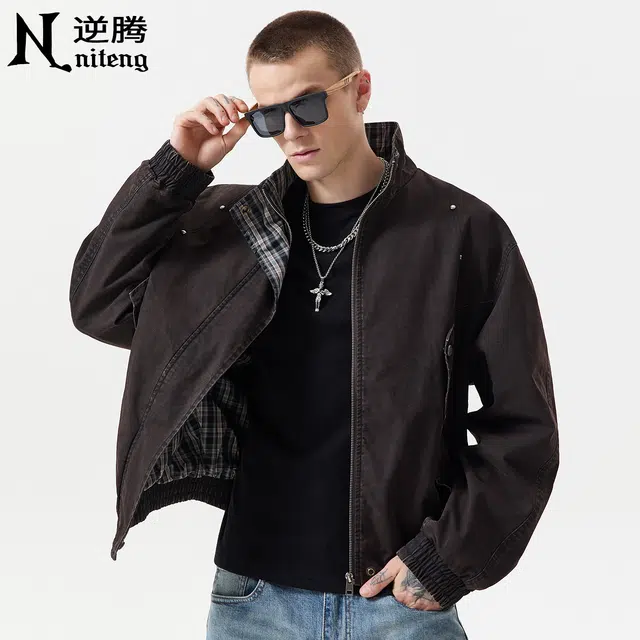 逆腾 秋季复古立领工装外套男潮牌宽松男士痞帅短款纯棉机车夹克 男女同款