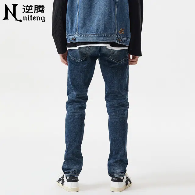 逆腾 秋季复古长裤男美式莱卡修身裤子男士直筒商务通勤小脚牛仔裤 男款