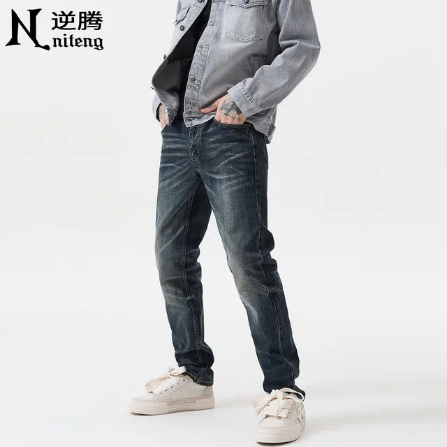 逆腾 逆腾复古裤男美式弹力修身直筒裤子男士潮牌水洗猫须百搭直筒牛仔裤 男款
