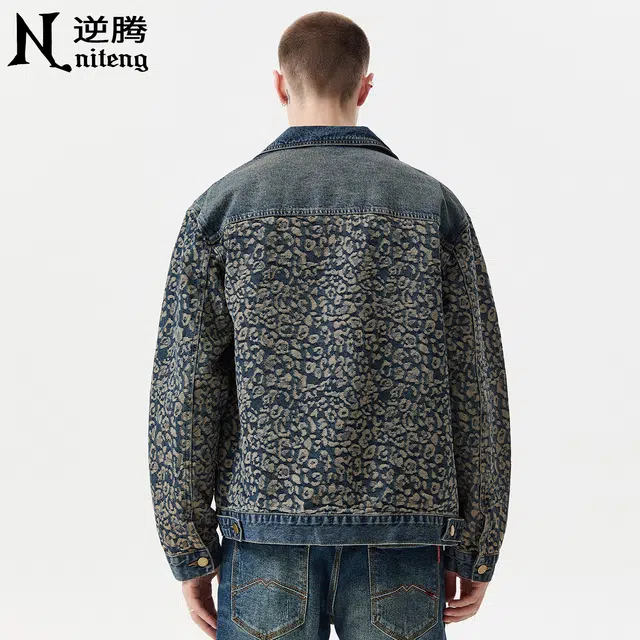 逆腾 秋季提花拼接夹克男美式复古痞帅男士宽松翻领个性牛仔外套 男女同款
