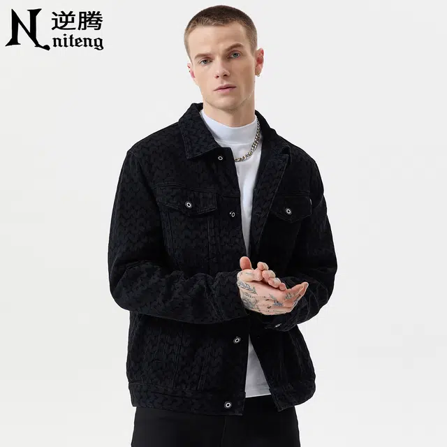 逆腾 秋季牛仔外套男潮牌美式提花水洗翻领男士工装休闲夹克 男女同款