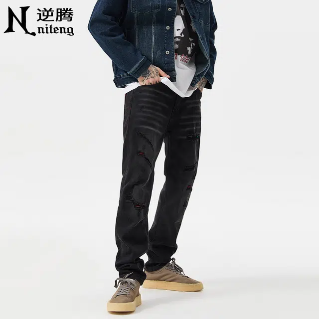 逆腾 秋季破洞补丁裤子男美式修身男士痞帅水洗直筒小脚牛仔裤 男款