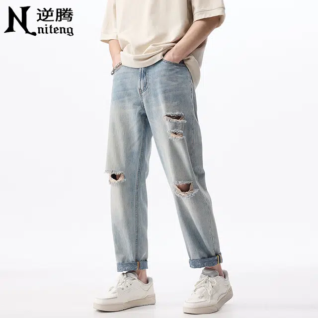 逆腾 潮牌百搭时尚直筒牛仔裤 男款 浅蓝色