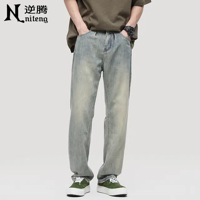 逆腾 潮牌直筒垂感阔腿牛仔裤 男款 复古蓝