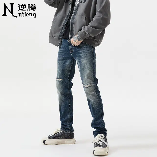 逆腾 秋季莱卡长裤男破洞补丁直筒裤子男士高街复古修身小脚牛仔裤 男款