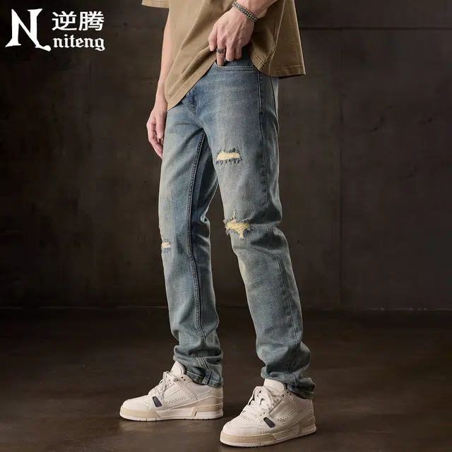 逆腾 时尚潮流舒适美式高街直筒裤复古水洗修身长裤个性牛仔裤 男款