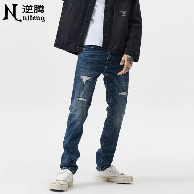 逆腾 秋季长裤子男潮牌美式破洞补丁男士高街修身直筒小脚牛仔裤 男款