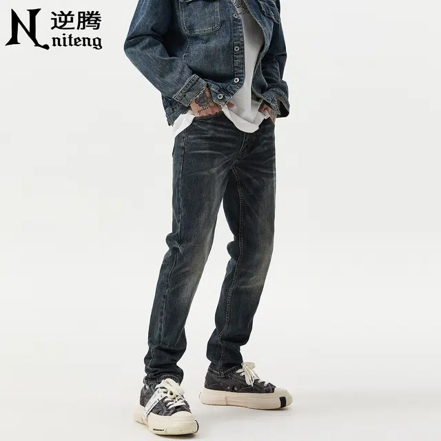 逆腾 逆腾复古裤男美式弹力修身直筒裤子男士潮牌水洗猫须百搭直筒牛仔裤 男款