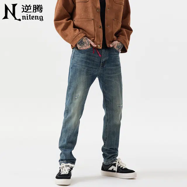 逆腾 秋季破洞长裤男美式复古修身裤子男士水洗直筒弹力小脚牛仔裤 男款