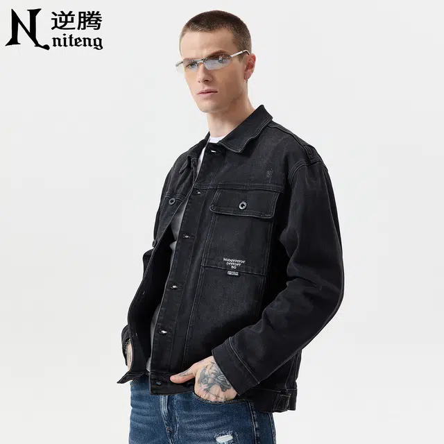 逆腾 秋季翻领夹克男潮牌美式复古宽松男士水洗工装牛仔外套 男女同款