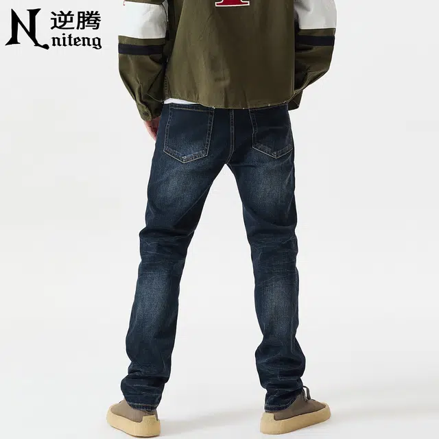 逆腾 逆腾水洗裤子男潮牌美式修身直筒裤男士潮流猫须高街百搭复古小脚牛仔裤 男款