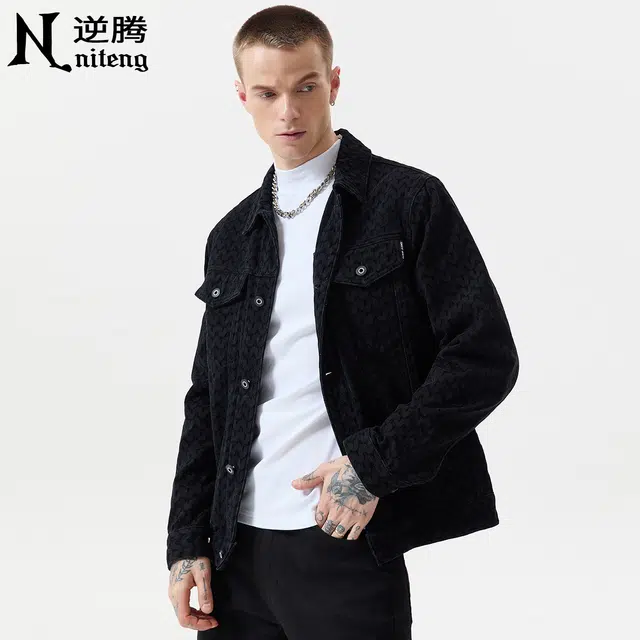 逆腾 秋季牛仔外套男潮牌美式提花水洗翻领男士工装休闲夹克 男女同款
