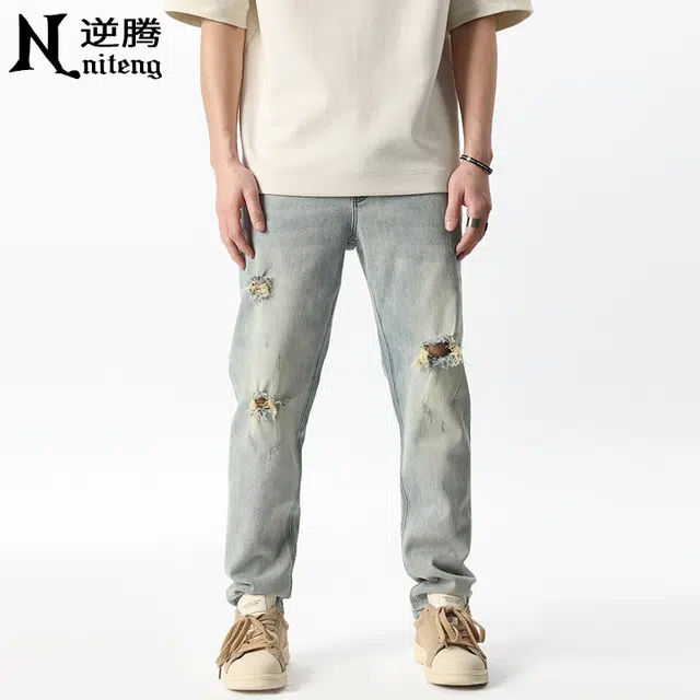 逆腾 潮牌复古破洞修身小脚弹力牛仔裤 男款