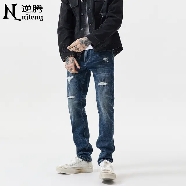 逆腾 秋季长裤子男潮牌美式破洞补丁男士高街修身直筒小脚牛仔裤 男款