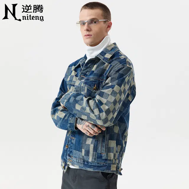 逆腾 秋季复古棋盘格工装夹克男潮牌宽松休闲男士纯棉痞帅牛仔外套 男女同款