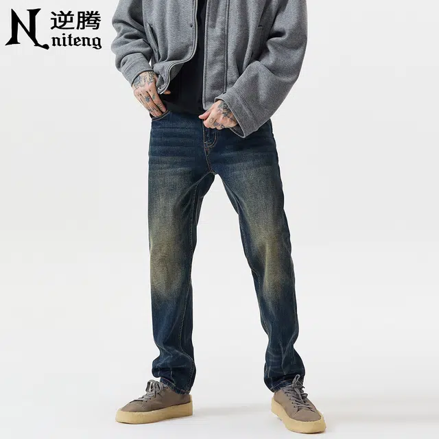 逆腾 秋季长裤男美式直筒男士复古重工水洗做旧修身小脚牛仔裤 男款