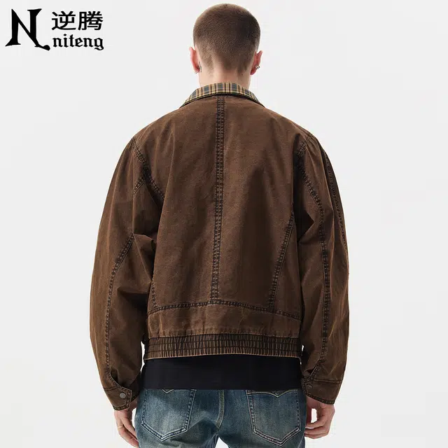 逆腾 秋季复古夹克男潮牌美式立领宽松男士痞帅短款纯棉工装牛仔外套 男款