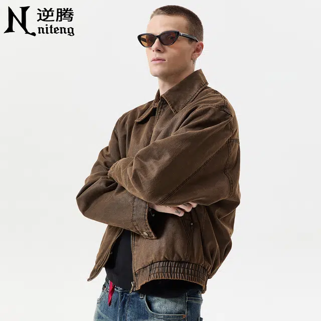 逆腾 秋季巴安油蜡皮工装外套男美式复古宽松短款男士休闲翻领夹克 男女同款