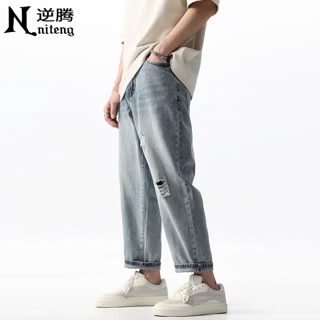 逆腾 潮牌破洞直筒牛仔裤 男款 蓝色