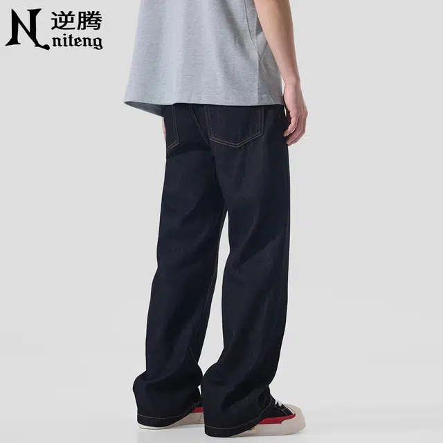 逆腾 潮牌原色垂感直筒拖地牛仔裤 男款 黑色