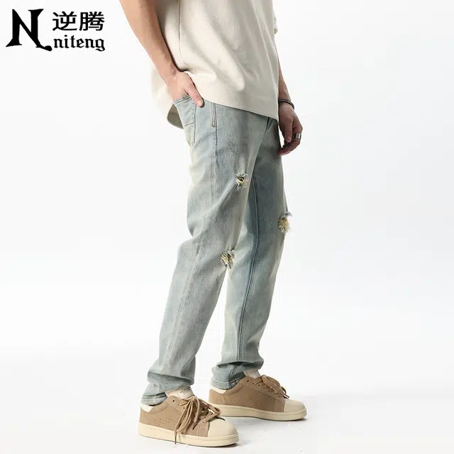 逆腾 潮牌复古破洞修身小脚弹力牛仔裤 男款