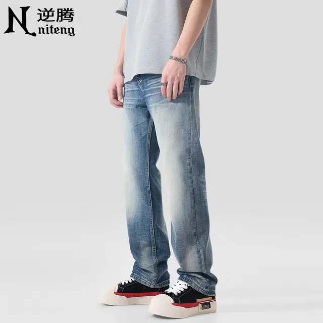 逆腾 时尚百搭潮牌水洗高街阔腿牛仔裤 男款 复古蓝