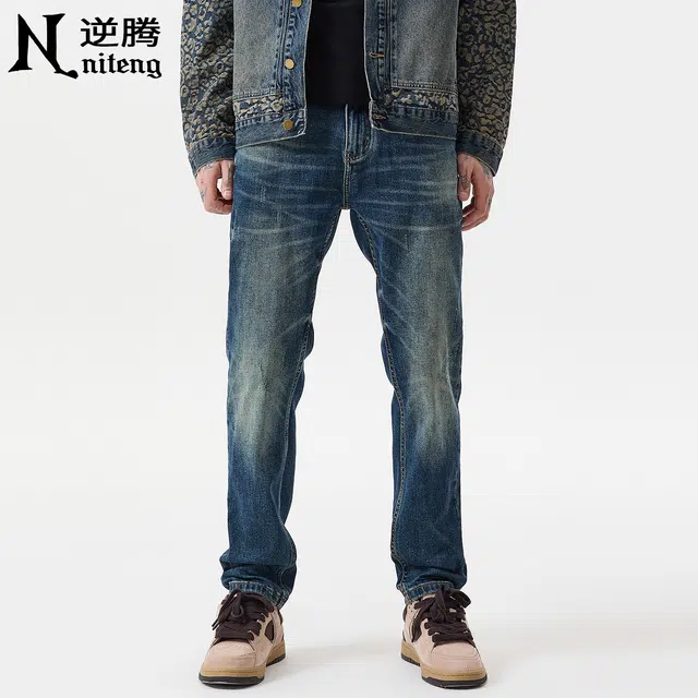 逆腾 秋季弹力长裤男潮牌耐磨修身直筒男裤美式刮烂小脚牛仔裤 男款