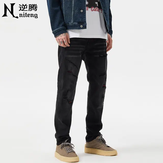 逆腾 秋季破洞补丁裤子男美式修身男士痞帅水洗直筒小脚牛仔裤 男款