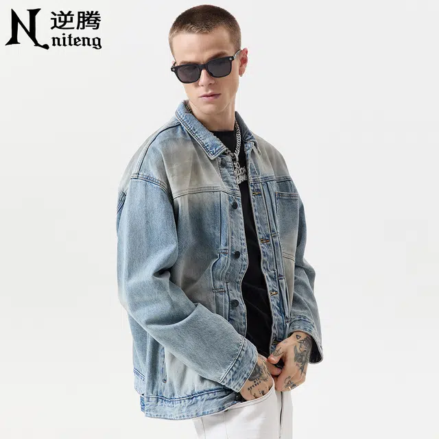 逆腾 秋季做旧工装夹克男美式高街水洗宽松翻领男士渐变牛仔外套 男女同款