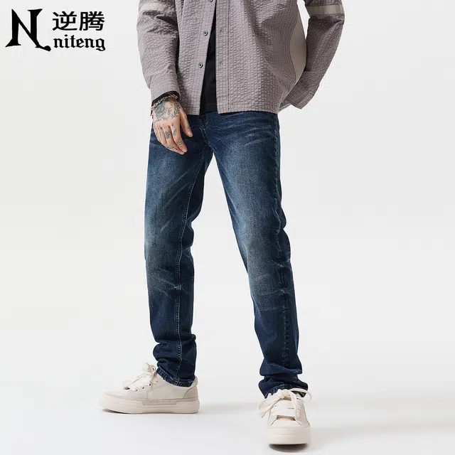 逆腾 秋季弹力长裤子男美式修身直筒男裤水洗商务通勤男士小脚牛仔裤 男款