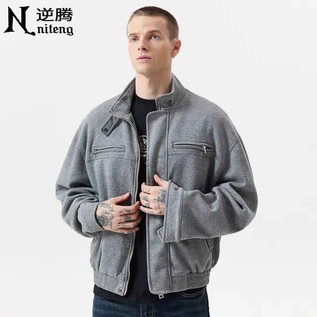 逆腾 秋季羊毛混纺休闲外套男美式潮牌宽松男士短款高级感立领毛呢夹克 男女同款