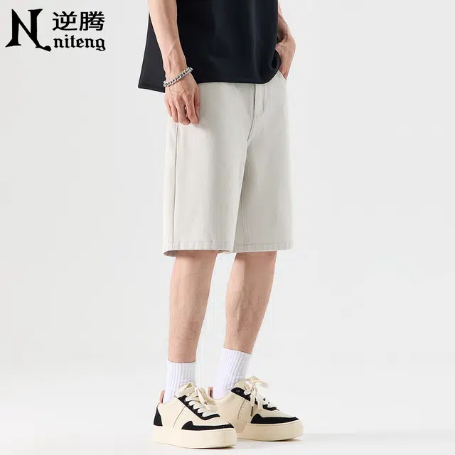 逆腾 夏季米白色中裤男潮牌美式四面弹宽松五分裤男士百搭直筒牛仔短裤 男女同款
