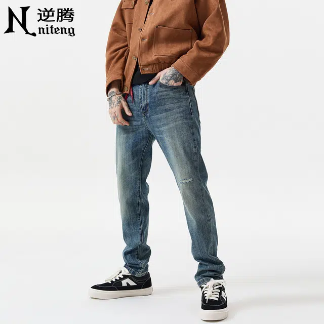 逆腾 秋季破洞长裤男美式复古修身裤子男士水洗直筒弹力小脚牛仔裤 男款
