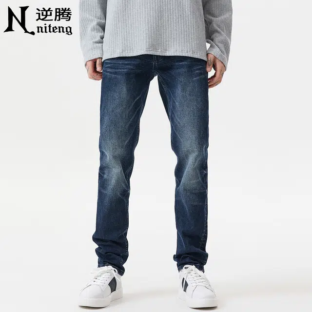 逆腾 秋季弹力长裤子男美式修身直筒男裤水洗商务通勤男士小脚牛仔裤 男款
