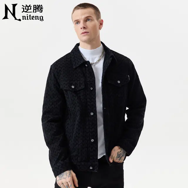 逆腾 秋季牛仔外套男潮牌美式提花水洗翻领男士工装休闲夹克 男女同款