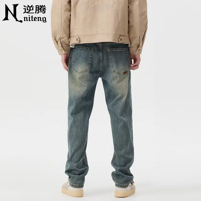 逆腾 秋季复古长裤男潮牌美式弹力宽松直筒裤男士基础款做旧猫须牛仔裤 男款
