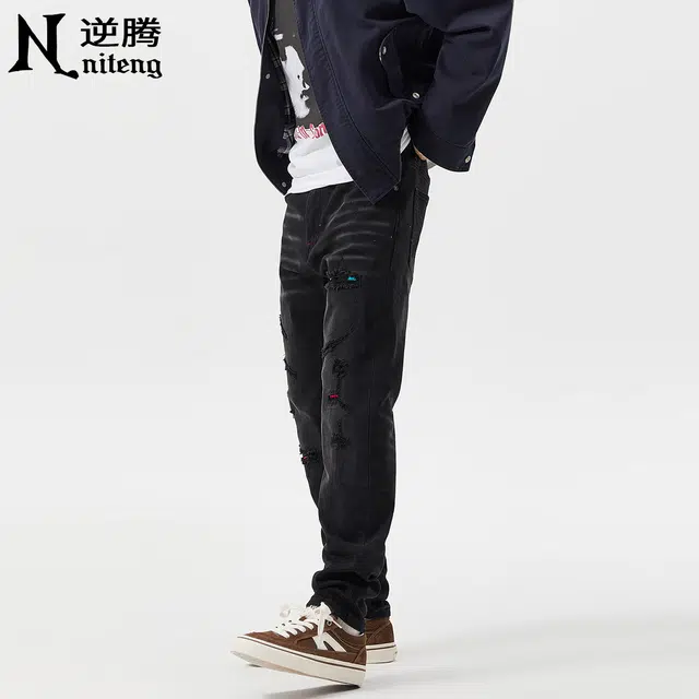 逆腾 秋季破洞补丁裤子男美式修身男士痞帅水洗直筒小脚牛仔裤 男款