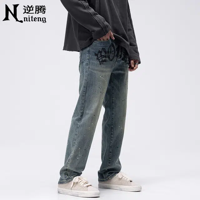 逆腾 潮牌印花直筒舒适时尚长裤牛仔裤 男款 复古蓝