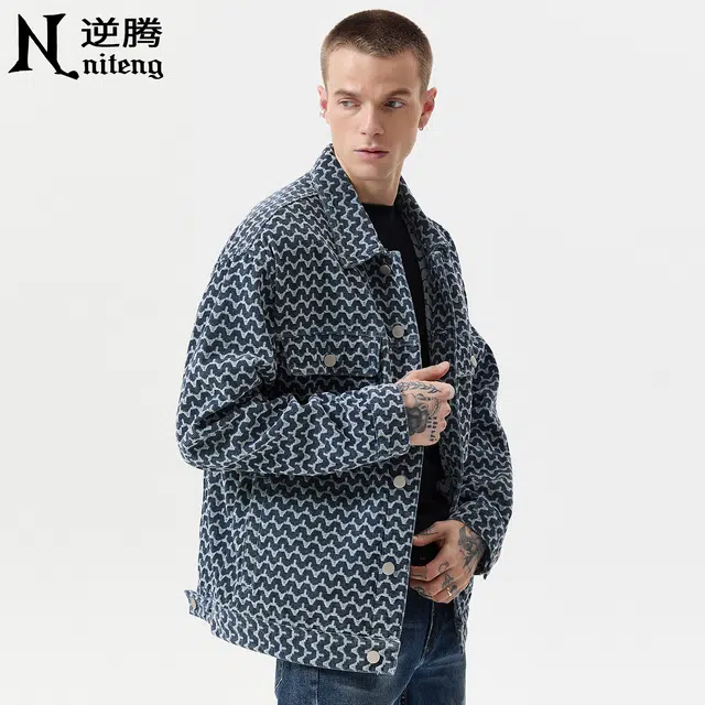 逆腾 秋季纯棉提花工装夹克男潮流高级感宽松男士轻奢翻领牛仔外套 男女同款