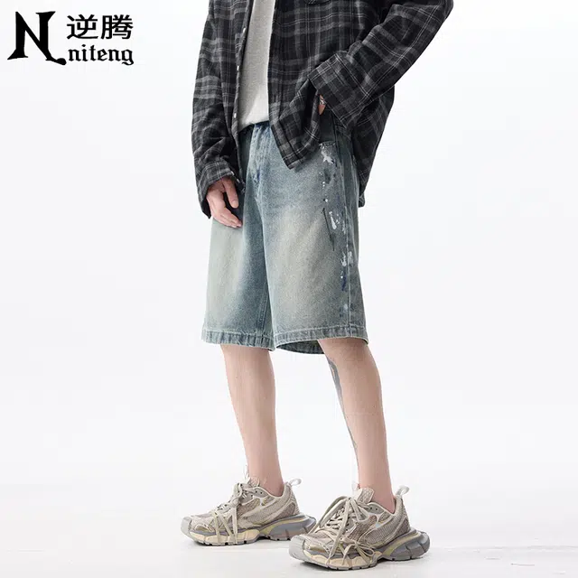 逆腾 潮牌泼墨宽松水洗休闲牛仔短裤 男款