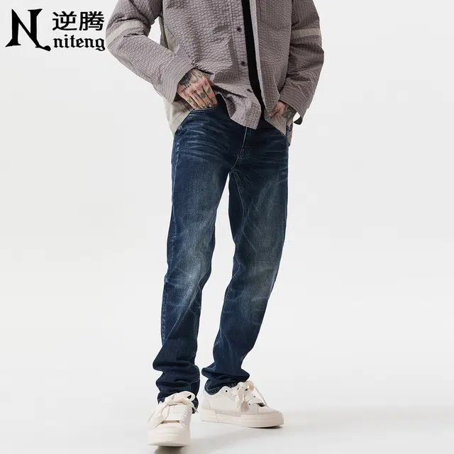 逆腾 秋季弹力长裤子男美式修身直筒男裤水洗商务通勤男士小脚牛仔裤 男款
